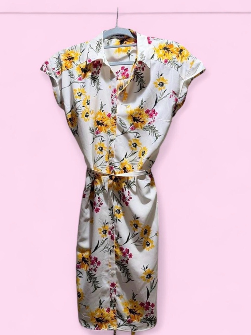 Express White Midi Shirt Dress with Yellow & Pink Floral Print
